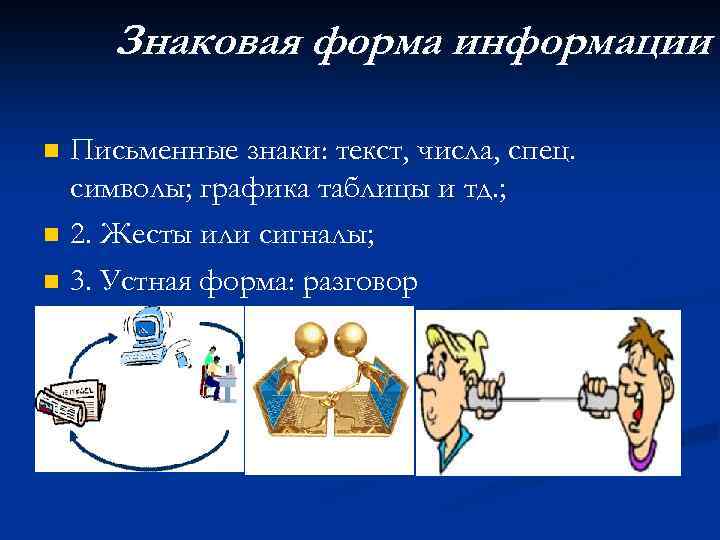 Знаковая форма информации n n n Письменные знаки: текст, числа, спец. символы; графика таблицы