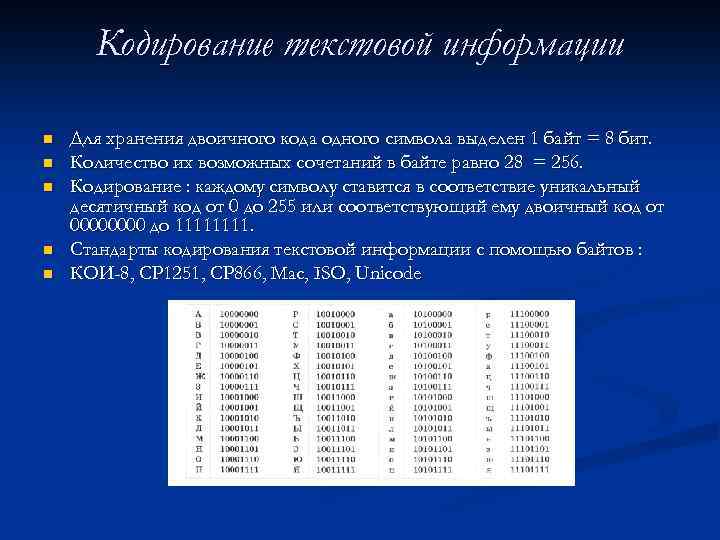 Кодирование текстовой информации n n n Для хранения двоичного кода одного символа выделен 1