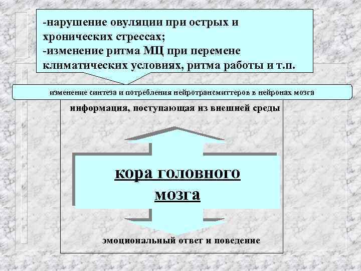 -нарушение овуляции при острых и хронических стрессах; -изменение ритма МЦ при перемене климатических условиях,