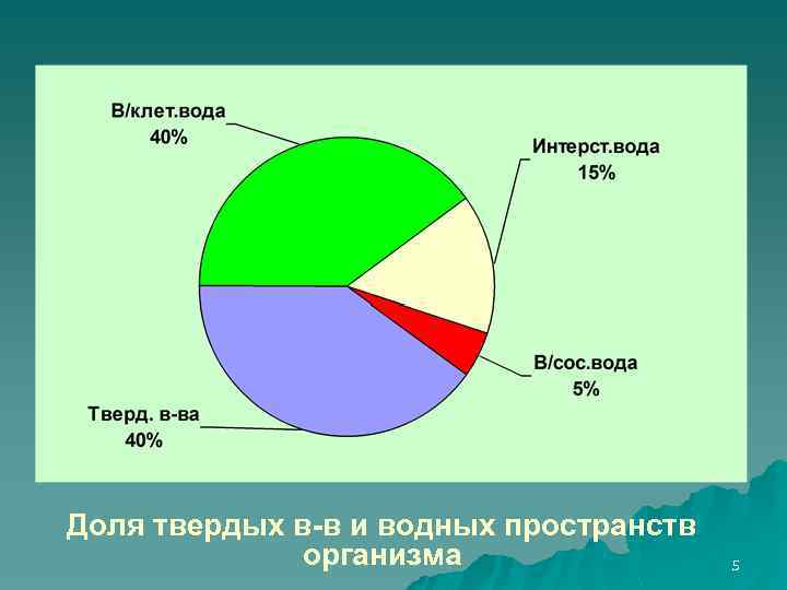 Доля твердых в-в и водных пространств организма 5 