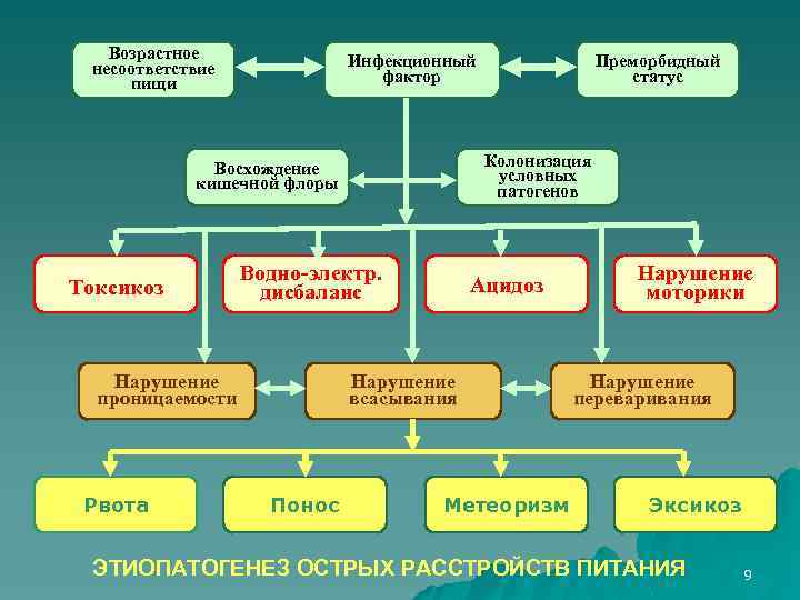 Возрастное несоответствие пищи Инфекционный фактор Колонизация условных патогенов Восхождение кишечной флоры Токсикоз Водно-электр. дисбаланс