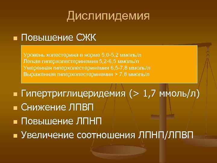 Дислипидемия n Повышение СЖК Уровень холестерина в норме 5, 0 -5, 2 ммоль/л Легкая