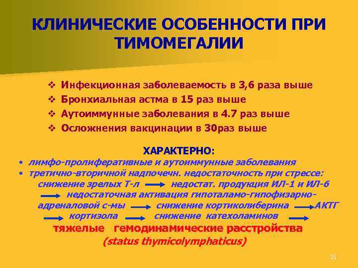 КЛИНИЧЕСКИЕ ОСОБЕННОСТИ ПРИ ТИМОМЕГАЛИИ v v Инфекционная заболеваемость в 3, 6 раза выше Бронхиальная