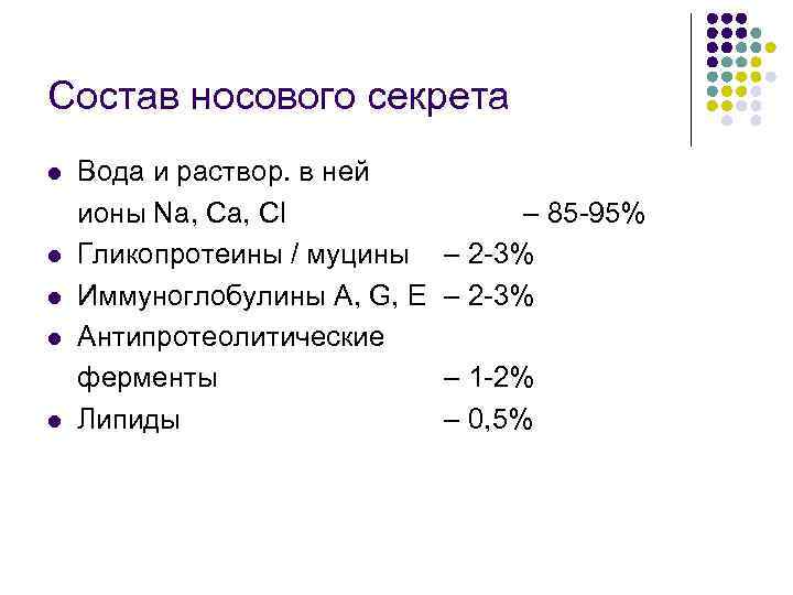 Состав носового секрета l l l Вода и раствор. в ней ионы Na, Cl