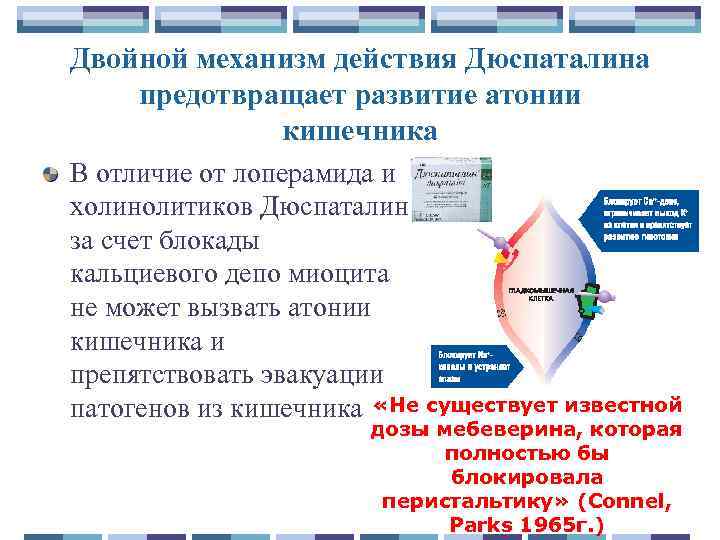Двойной механизм действия Дюспаталина предотвращает развитие атонии кишечника В отличие от лоперамида и холинолитиков