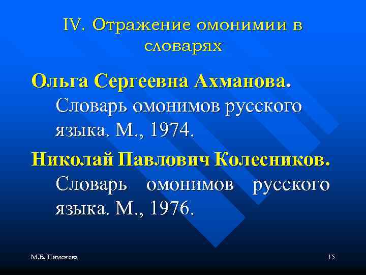 ΙV. Отражение омонимии в словарях Ольга Сергеевна Ахманова. Словарь омонимов русского языка. М. ,