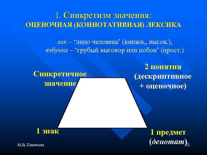 1. Синкретизм значения: ОЦЕНОЧНАЯ (КОННОТАТИВНАЯ) ЛЕКСИКА лик – ‘лицо человека’ (книжн. , высок. ),