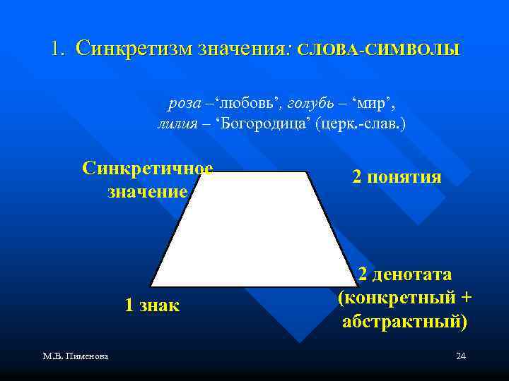 1. Синкретизм значения: СЛОВА-СИМВОЛЫ роза –‘любовь’, голубь – ‘мир’, лилия – ‘Богородица’ (церк. -слав.