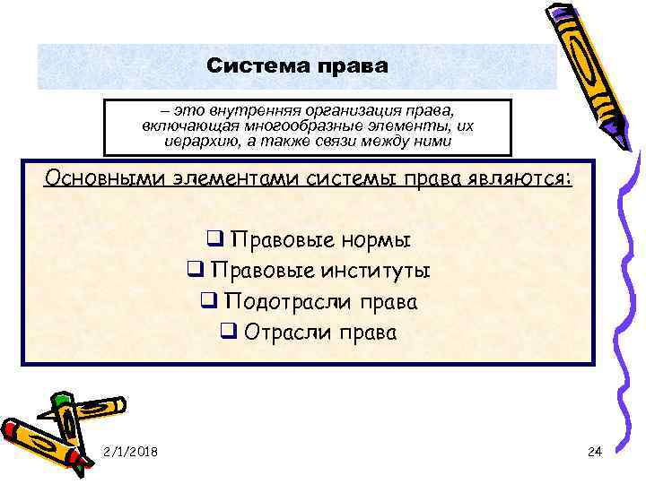 Система права – это внутренняя организация права, включающая многообразные элементы, их иерархию, а также