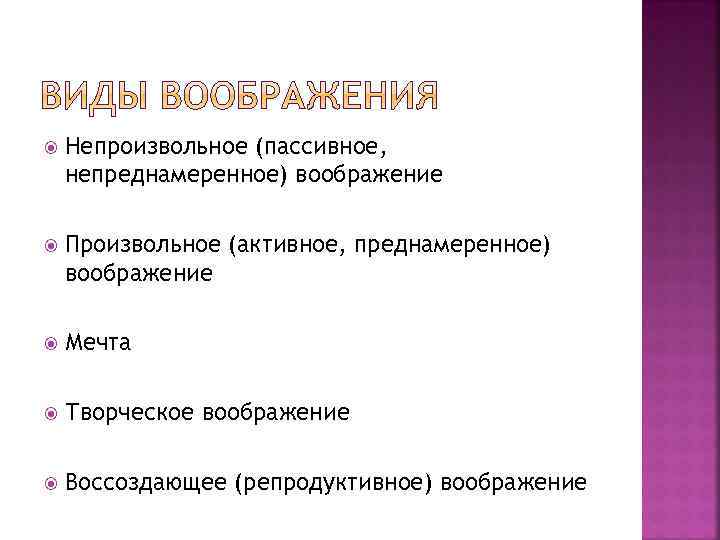  Непроизвольное (пассивное, непреднамеренное) воображение Произвольное (активное, преднамеренное) воображение Мечта Творческое воображение Воссоздающее (репродуктивное)