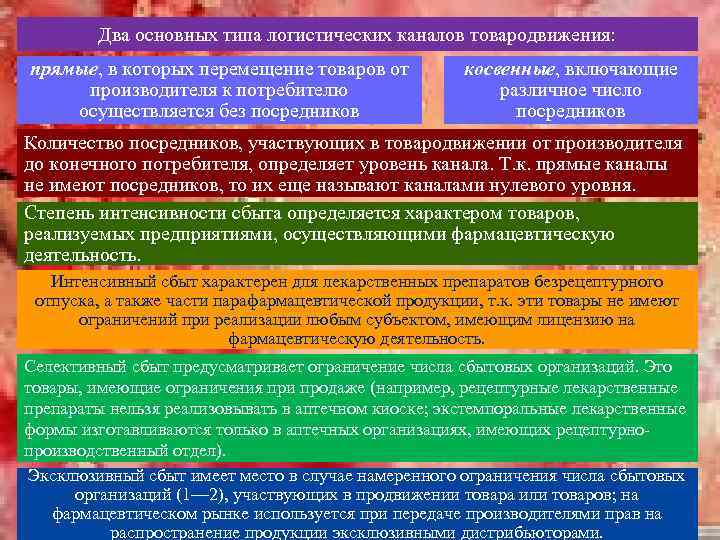 Два основных типа логистических каналов товародвижения: прямые, в которых перемещение товаров от производителя к