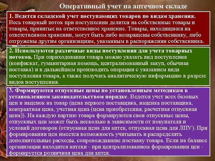 Оперативный учет на аптечном складе 1. Ведется складской учет поступающих товаров по видам хранения.