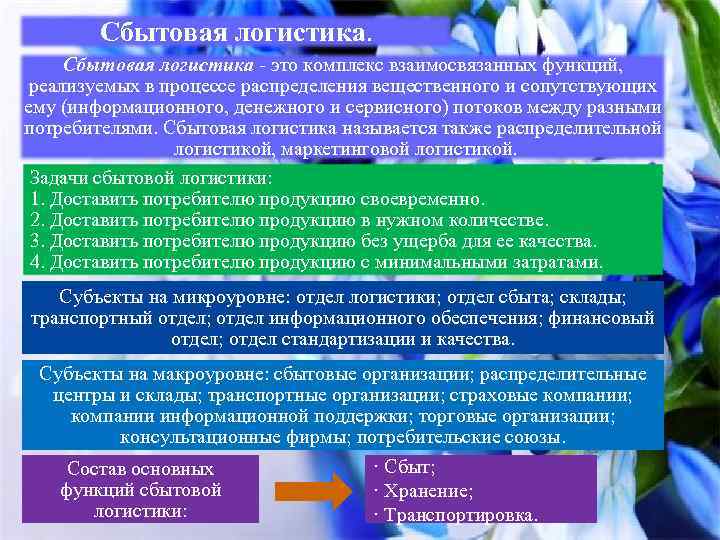 Сбытовая логистика - это комплекс взаимосвязанных функций, реализуемых в процессе распределения вещественного и сопутствующих