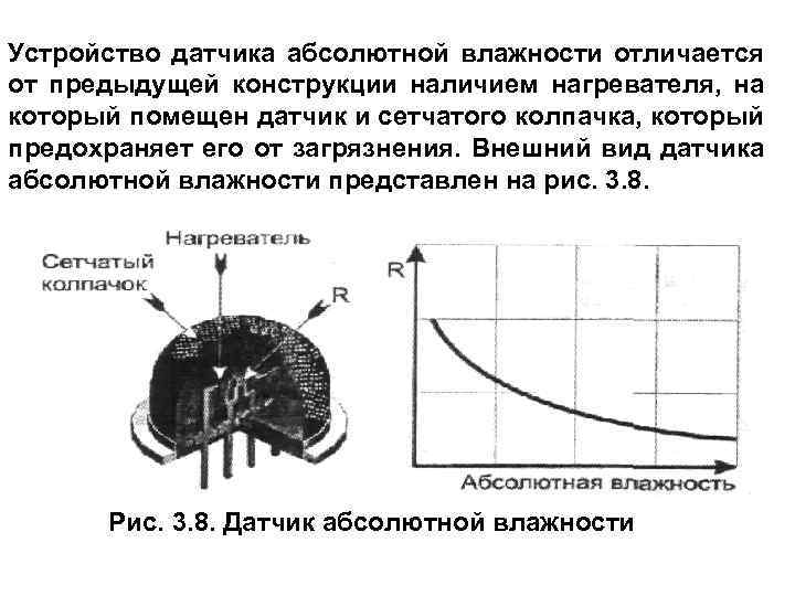 Устройство датчика абсолютной влажности отличается от предыдущей конструкции наличием нагревателя, на который помещен датчик