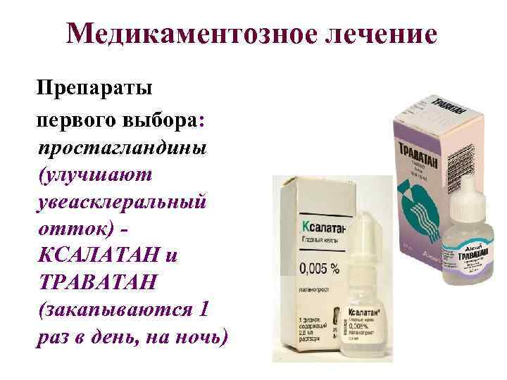 Медикаментозное лечение Препараты первого выбора: простагландины (улучшают увеасклеральный отток) КСАЛАТАН и ТРАВАТАН (закапываются 1