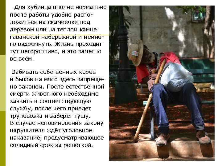  Для кубинца вполне нормально после работы удобно распо ложиться на скамеечке под деревом