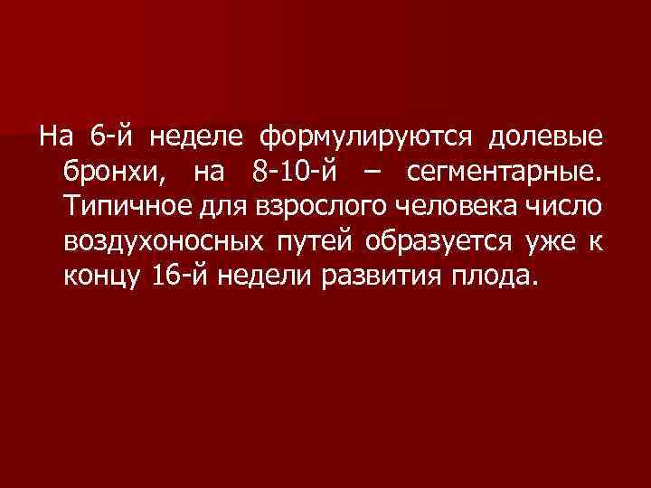 На 6 -й неделе формулируются долевые бронхи, на 8 -10 -й – сегментарные. Типичное