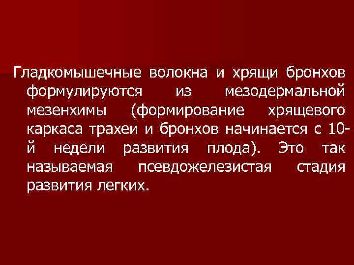 Гладкомышечные волокна и хрящи бронхов формулируются из мезодермальной мезенхимы (формирование хрящевого каркаса трахеи и