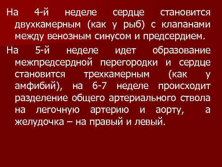 На 4 -й неделе сердце становится двухкамерным (как у рыб) с клапанами между венозным