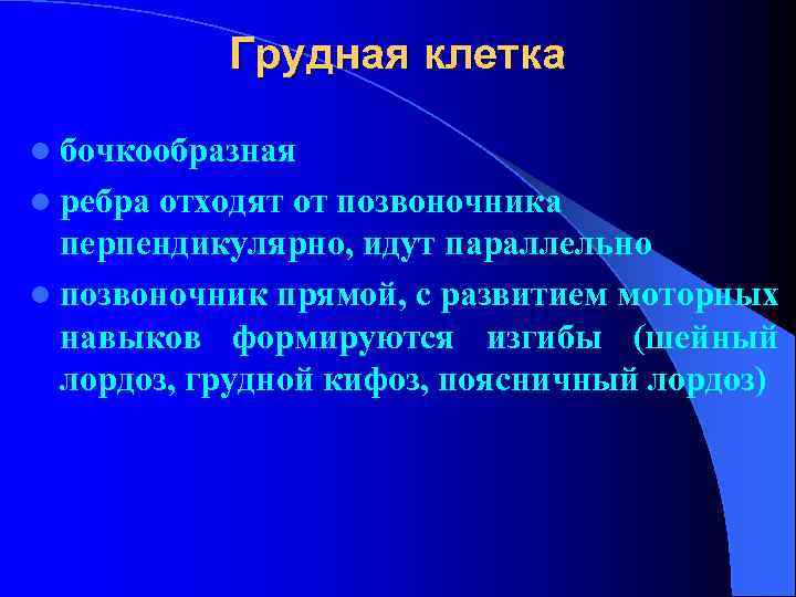  Грудная клетка l бочкообразная l ребра отходят от позвоночника перпендикулярно, идут параллельно l