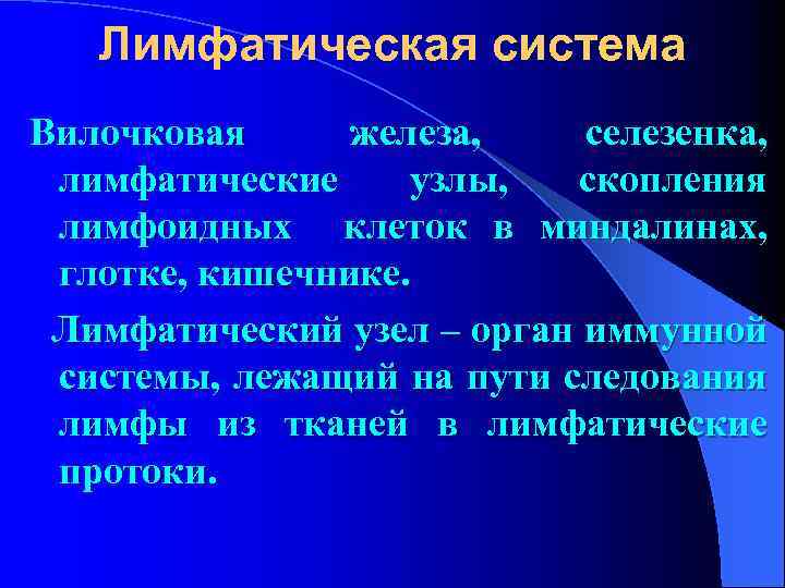  Лимфатическая система Вилочковая железа, селезенка, лимфатические узлы, скопления лимфоидных клеток в миндалинах, глотке,