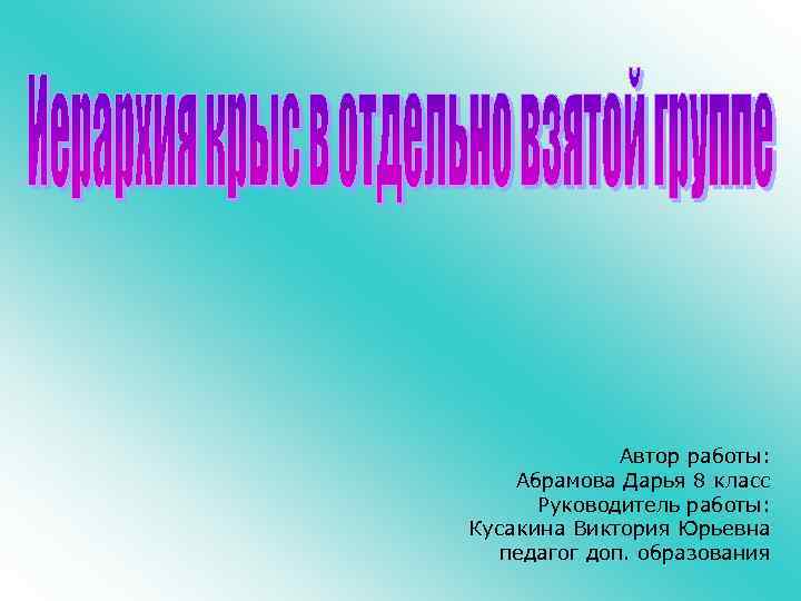 Автор работы: Абрамова Дарья 8 класс Руководитель работы: Кусакина Виктория Юрьевна педагог доп. образования
