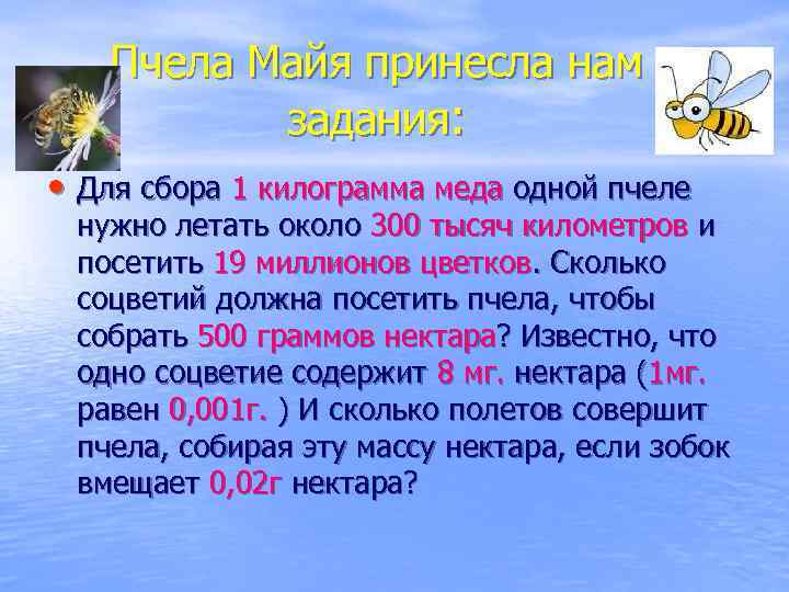 Пчела Майя принесла нам задания: • Для сбора 1 килограмма меда одной пчеле нужно