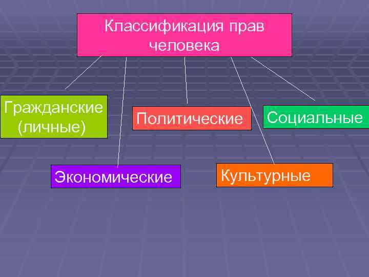 Классификация прав человека Гражданские (личные) Политические Экономические Социальные Культурные 