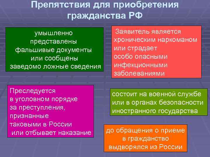Препятствия для приобретения гражданства РФ умышленно представлены фальшивые документы или сообщены заведомо ложные сведения