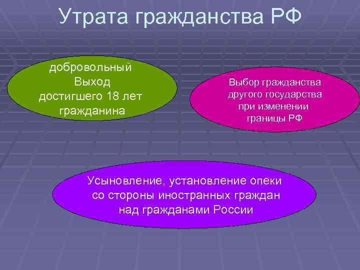 Утрата гражданства РФ добровольный Выход достигшего 18 лет гражданина Выбор гражданства другого государства при