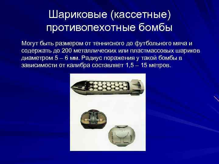 Шариковые (кассетные) противопехотные бомбы Могут быть размером от теннисного до футбольного мяча и содержать