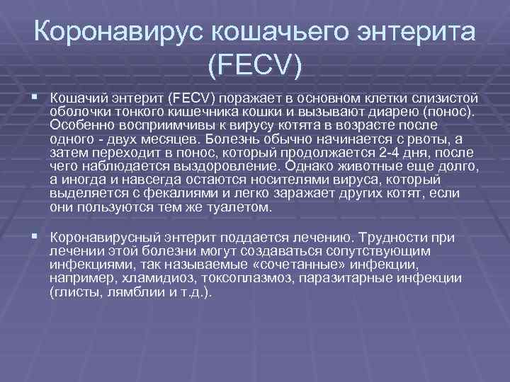 Коронавирус кошачьего энтерита (FECV) § Кошачий энтерит (FECV) поражает в основном клетки слизистой оболочки
