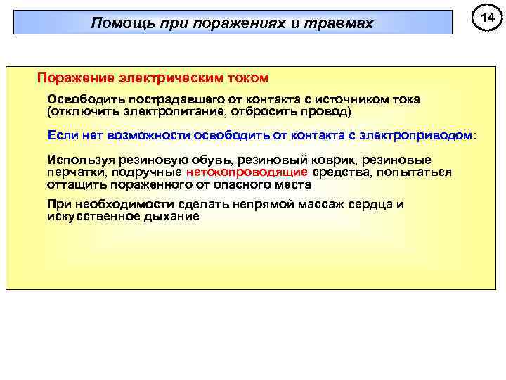Помощь при поражениях и травмах Поражение электрическим током Освободить пострадавшего от контакта с источником