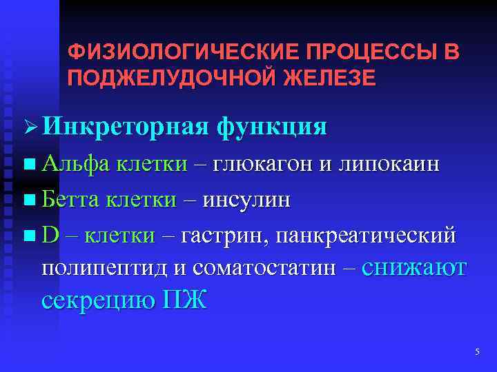 ФИЗИОЛОГИЧЕСКИЕ ПРОЦЕССЫ В ПОДЖЕЛУДОЧНОЙ ЖЕЛЕЗЕ Ø Инкреторная функция n Альфа клетки – глюкагон и