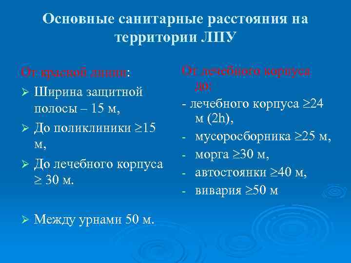 Основные санитарные расстояния на территории ЛПУ От красной линии: Ø Ширина защитной полосы –