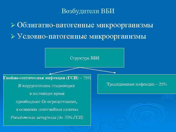 Возбудители ВБИ Ø Облигатно-патогенные микроорганизмы Ø Условно-патогенные микроорганизмы Структура ВБИ Гнойно-септическая инфекция (ГСИ) –