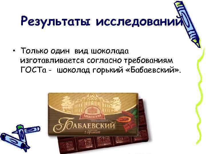 Результаты исследований • Только один вид шоколада изготавливается согласно требованиям ГОСТа - шоколад горький