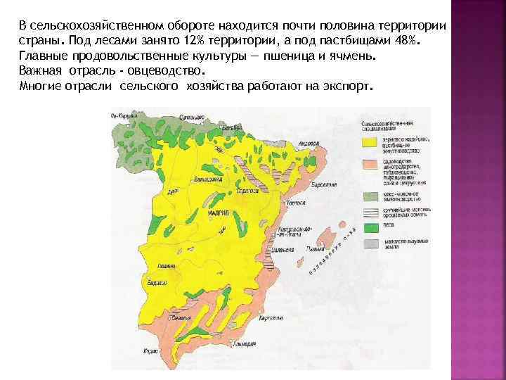 В сельскохозяйственном обороте находится почти половина территории страны. Под лесами занято 12% территории, а