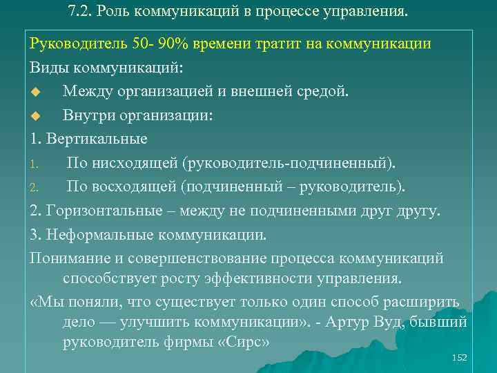 7. 2. Роль коммуникаций в процессе управления. Руководитель 50 - 90% времени тратит на