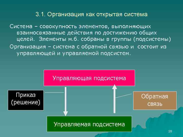 3. 1. Организация как открытая система Система – совокупность элементов, выполняющих взаимосвязанные действия по