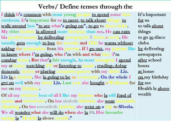 Verbs/ Define tenses through the I think it's common with most young people to
