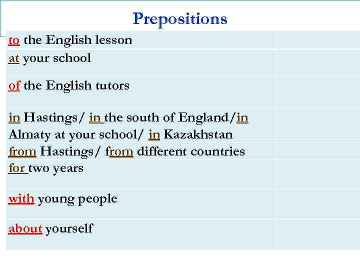Prepositions to the English lesson at your school of the English tutors in Hastings/