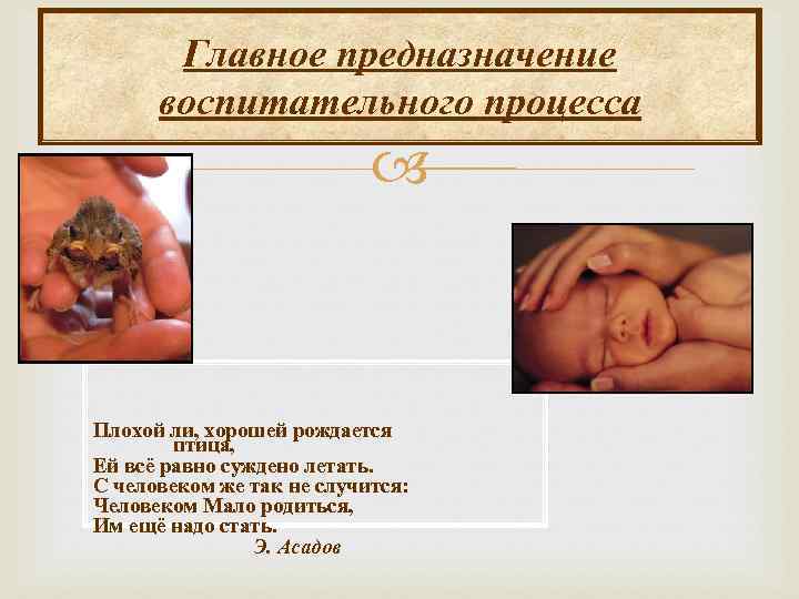 Главное предназначение воспитательного процесса Плохой ли, хорошей рождается птица, Ей всё равно суждено летать.