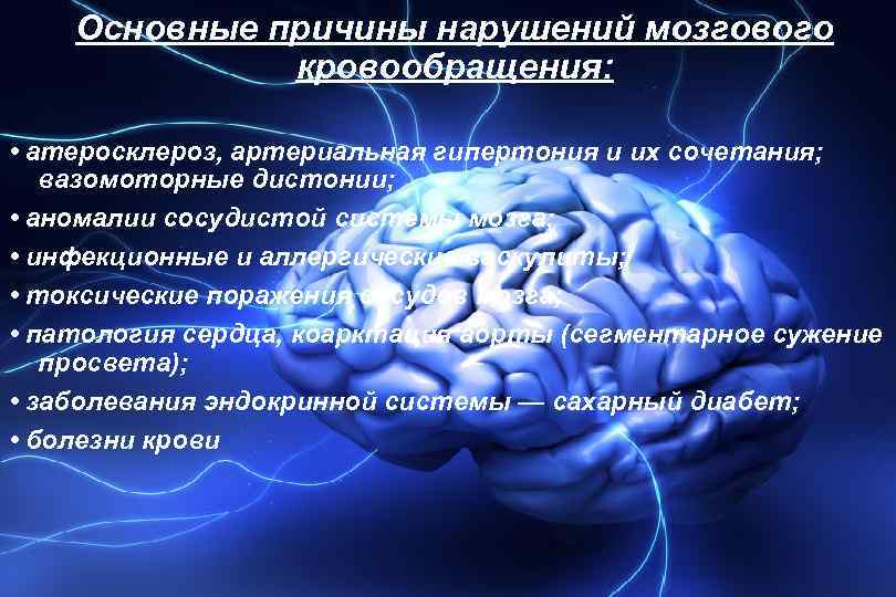 Основные причины нарушений мозгового кровообращения: • атеросклероз, артериальная гипертония и их сочетания; вазомоторные дистонии;