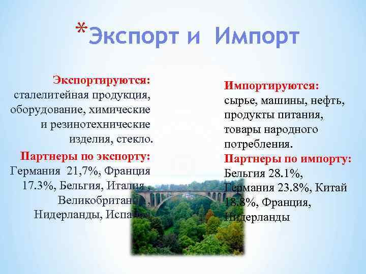 *Экспорт и Экспортируются: сталелитейная продукция, оборудование, химические и резинотехнические изделия, стекло. Партнеры по экспорту: