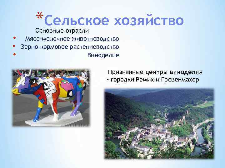 *Сельское хозяйство • • • Основные отрасли Мясо-молочное животноводство Зерно-кормовое растениеводство Виноделие Признанные центры