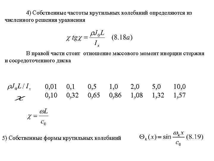 4) Собственные частоты крутильных колебаний определяются из численного решения уравнения В правой части стоит