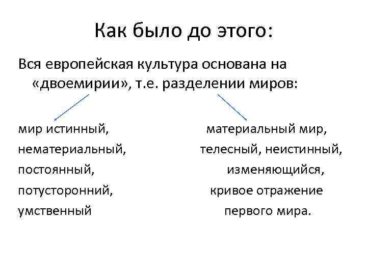 Как было до этого: Вся европейская культура основана на «двоемирии» , т. е. разделении