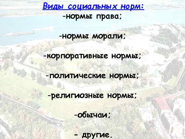 Виды социальных норм: -нормы права; -нормы морали; -корпоративные нормы; -политические нормы; -религиозные нормы; -обычаи;