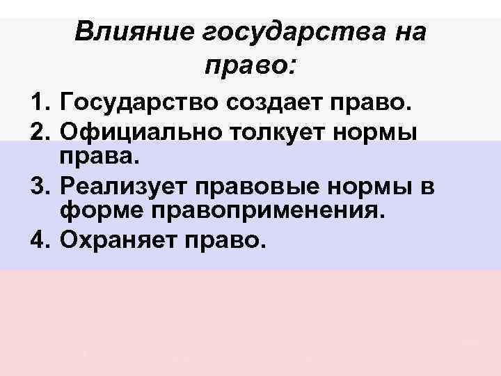 Влияние государства на право: 1. Государство создает право. 2. Официально толкует нормы права. 3.